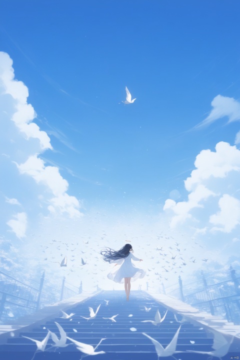 1girl, solo,angel, long hair, black hair, long sleeves, dress, standing, outdoors, sky, barefoot, day, white dress, blue sky, scenery, blue theme,White  stairs, wide shot,floating White Thousand Paper Crane,detailed background,Many thousand paper cranes,Standing on the steps and looking up at the sky,Aestheticism Painting,intricate detail,infant,loli