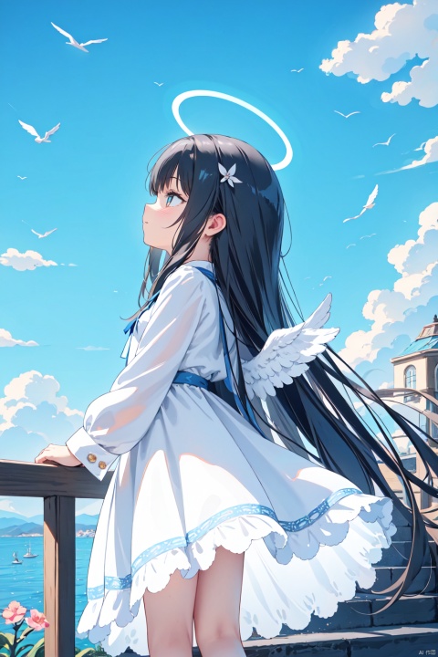 1girl, solo,angel, long hair, long sleeves, dress, standing, outdoors, sky, barefoot, day, white dress, blue sky, scenery, blue theme,White stairs, wide shot,floating White Thousand Paper Crane,detailed background,Many thousand paper cranes,Standing on the steps and looking up at the sky,Aestheticism Painting,intricate detail,Angel wings, halo,loli,ray tracing,Anime