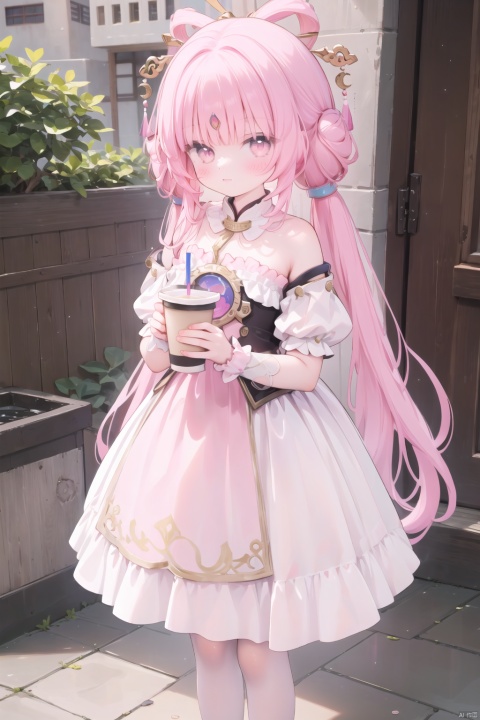  1girl, long hair, looking at viewer, bangs, hair ornament, dress, holding, full body, pink hair, multicolored hair, pink eyes,cup, parted bangs, chinese clothes, holding cup, drinking straw, drinking,twintails,hair rings