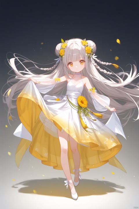 1girl, solo, long hair, looking at viewer, bangs, hair ornament, hollow out dress,  bare shoulders, very long hair, closed mouth, standing, full body, yellow eyes, braid, flower, white hair,no shoes,  choker, hair flower, grey background, white dress, see-through, gradient, gradient background,  white footwear, yellow flower, skirt hold, white choker,double_bun,
 long sleeves,   see-through skirt,see-through sleeves,cropped shoulders,revealing clothes,Light gauze wide sleeve skirt,detached sleeves,loli, cuteloliface,loli,dynamic pose,