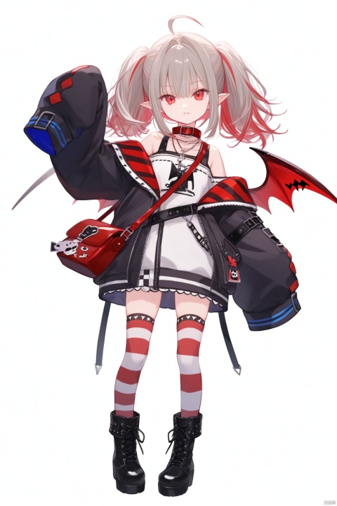 1girl, solo, looking at viewer, bangs, simple background, red eyes, thighhighs, long sleeves, white background, hair between eyes, bare shoulders, twintails, jewelry, standing, jacket, full body, ahoge, grey hair, red hair, multicolored hair, boots, wings, striped, virtual youtuber, necklace, off shoulder, bag, black footwear, collar, sleeves past wrists, blood, striped thighhighs, sleeves past fingers, demon wings, shoulder bag, red collar, red wings, off-shoulder jacket, makaino ririmu