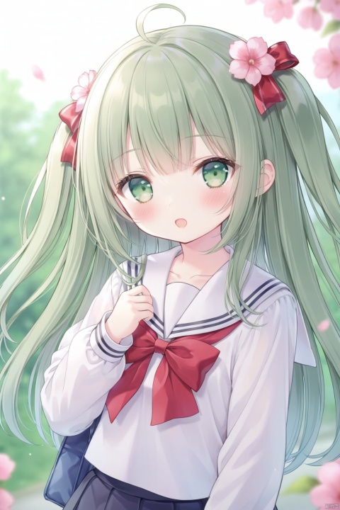  1girl, solo, long hair, looking at viewer, blush, open mouth, bangs, shirt, hair ornament, long sleeves, bow, ribbon, school uniform, green eyes, collarbone, white shirt, upper body, flower, ahoge, outdoors, green hair, sky, day, hair flower, sailor collar, blurry, red bow, two side up, blurry background, pink flower, white sailor collar,baby face,loli,child
