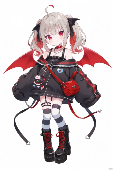 1girl, solo, looking at viewer, bangs, simple background, red eyes, thighhighs, long sleeves, white background, hair between eyes, bare shoulders, twintails, jewelry, standing, jacket, full body, ahoge, grey hair, red hair, multicolored hair, boots, wings, striped, virtual youtuber, necklace, off shoulder, bag, black footwear, collar, sleeves past wrists, blood, striped thighhighs, sleeves past fingers, demon wings, shoulder bag, red collar, red wings, off-shoulder jacket, makaino ririmu,loli, loli
