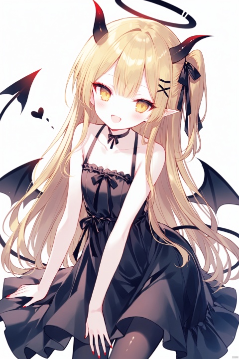 1girl, solo, long hair, looking at viewer, blush, smile, open mouth, bangs, blonde hair, simple background, white background, dress, ribbon, bare shoulders, collarbone, tail, hair ribbon, yellow eyes, :d, pantyhose, wings, horns, sleeveless, pointy ears, black dress, bare arms, black ribbon, leaning forward, sleeveless dress, one side up, halo, demon girl, demon horns, demon wings,ibukiBA, loli,[iumu],[Sheya],[Artist chen bin]