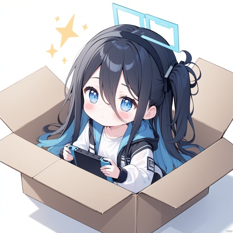 1girl, solo, long hair, blush, bangs, blue eyes, simple background, shirt, black hair, long sleeves, white background, holding, hair between eyes, sitting, very long hair, closed mouth, blue hair,jacket, white shirt, multicolored hair, hairband, open clothes, puffy sleeves, hood, black skirt,  two-tone hair, open jacket, sparkle, shadow, one side up, halo, blush stickers, white jacket, hood down, black hairband, box, hooded jacket, knees up, puffy long sleeves,  in container, handheld game console, cardboard box, in box, aris \(blue archive\), loli,
