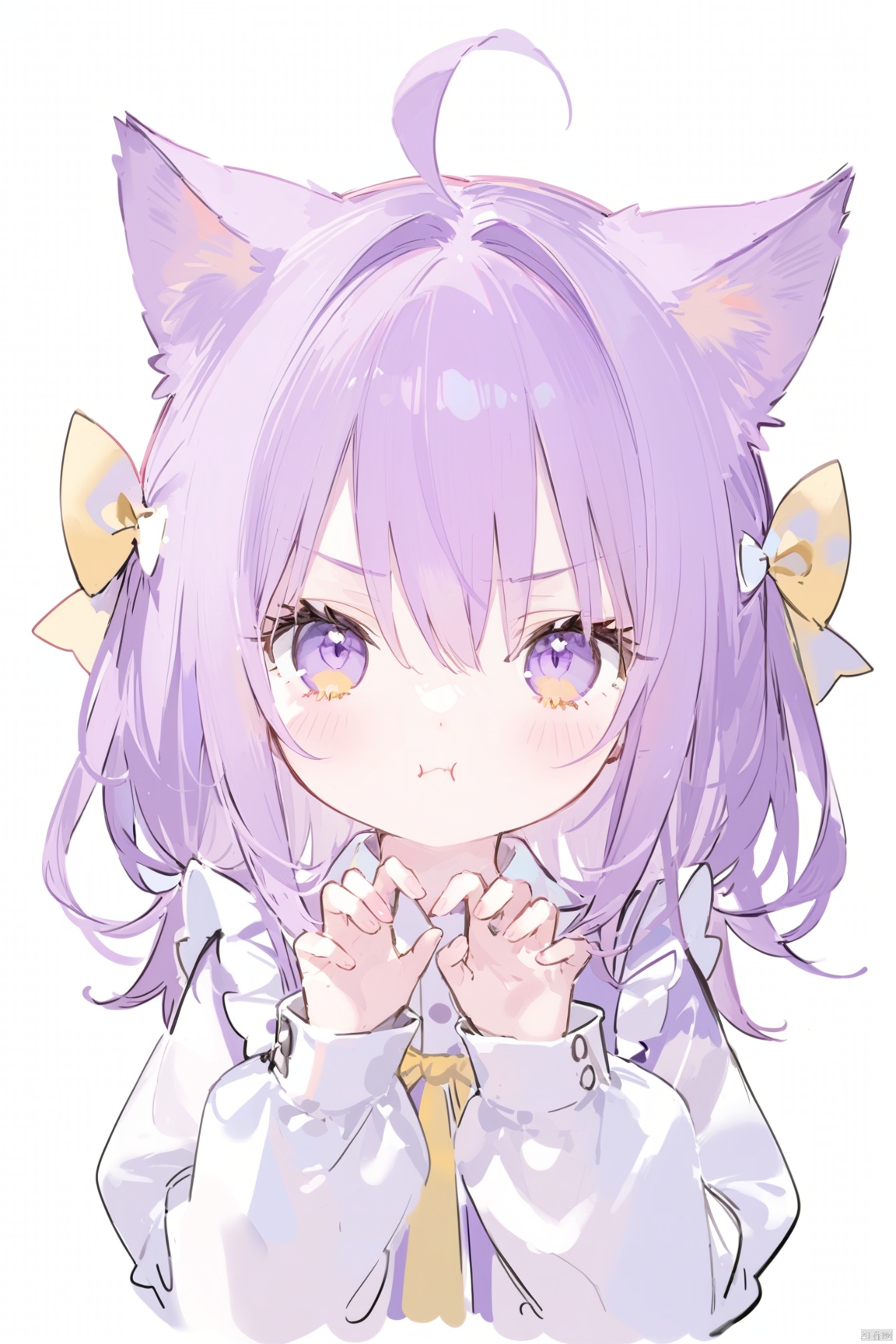 1girl, solo, looking at viewer, blush, bangs, simple background, shirt, long sleeves, white background, bow, animal ears, hair between eyes, closed mouth, purple eyes, upper body, purple hair, ahoge, hair bow, puffy sleeves, cat ears, sketch, v-shaped eyebrows, hands up, white bow, yellow bow, puffy long sleeves, :t, pout, claw pose, =3, :i,loli,loli
