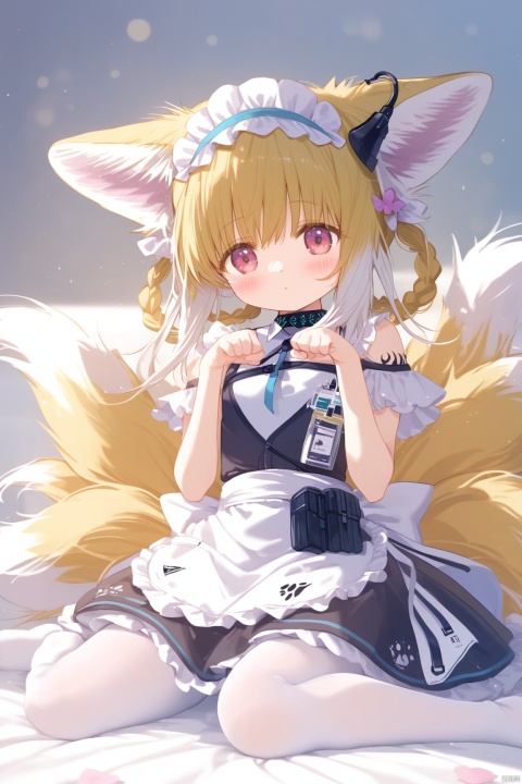 1girl, solo, long hair, blush, blonde hair, hair ornament, dress, ribbon, animal ears, sitting, tail, flower, pantyhose,no shoes, hair flower, pink eyes, apron, animal ear fluff, maid, maid headdress, fox ears, fox tail,maid apron, white pantyhose, paw pose,suzuran \(arknights\), Suzuran