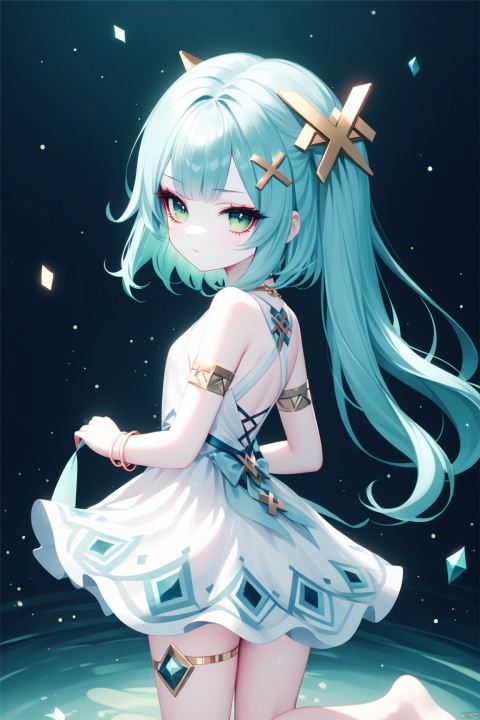  [iumu],[Sheya],[Artist chen bin],1girl, solo, long hair, breasts, looking at viewer, bangs, hair ornament, dress, bare shoulders, jewelry, closed mouth, green eyes, blue hair, small breasts, looking back, from behind, white dress, bracelet, aqua hair, thighlet, Faruzan (genshin),loli,Sole of feet, barefoot,