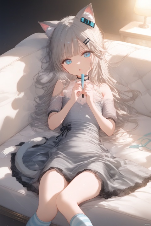  masterpiece,best quality,high quality,1girl, solo, long hair, looking at viewer, bangs, blue eyes, shirt, hair ornament, dress, animal ears, bare shoulders, tail, short sleeves, grey hair, lying, parted lips, socks, hairclip, striped, cat ears, off shoulder, :o, cat tail, no shoes, cat girl, couch, grey dress, striped socks,children