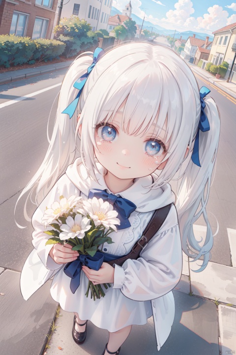 sunlight tone,clear sky,1woman,woman focus,close-up,side face,white cloth,hooded,Dutch angle,looking at viewer,holding bouquet,side face,girl focus,from above,standing,Head Tilt,wind,sad smile,tears,floating tears,sunlight,wind,Building ruins,Reinforcement, crushed stone,brick and tile,Beautiful scenery, cuteloli, loli, ((Eyes slightly open, RAW file format, master-level illustration work, 32k ultra-high-definition wallpaper, best CG. Gorgeous Sense. Dynamic sense. Vivid sense)),twintails,
