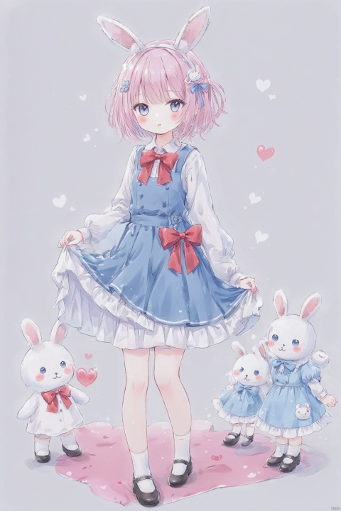  [iumu],[Sheya],[Artist chen bin],1girl, solo, looking at viewer, blush, short hair, bangs, blue eyes, skirt, simple background, shirt, hair ornament, long sleeves, dress, bow, animal ears, standing, full body, white shirt, pink hair, heart, shoes, socks, puffy sleeves, bowtie, grey background, black footwear, rabbit ears, red bow, blue dress, standing on one leg, white socks, mary janes, puffy long sleeves, skirt hold, heart hair ornament, pinafore dress,loli,, Stickers, chColor