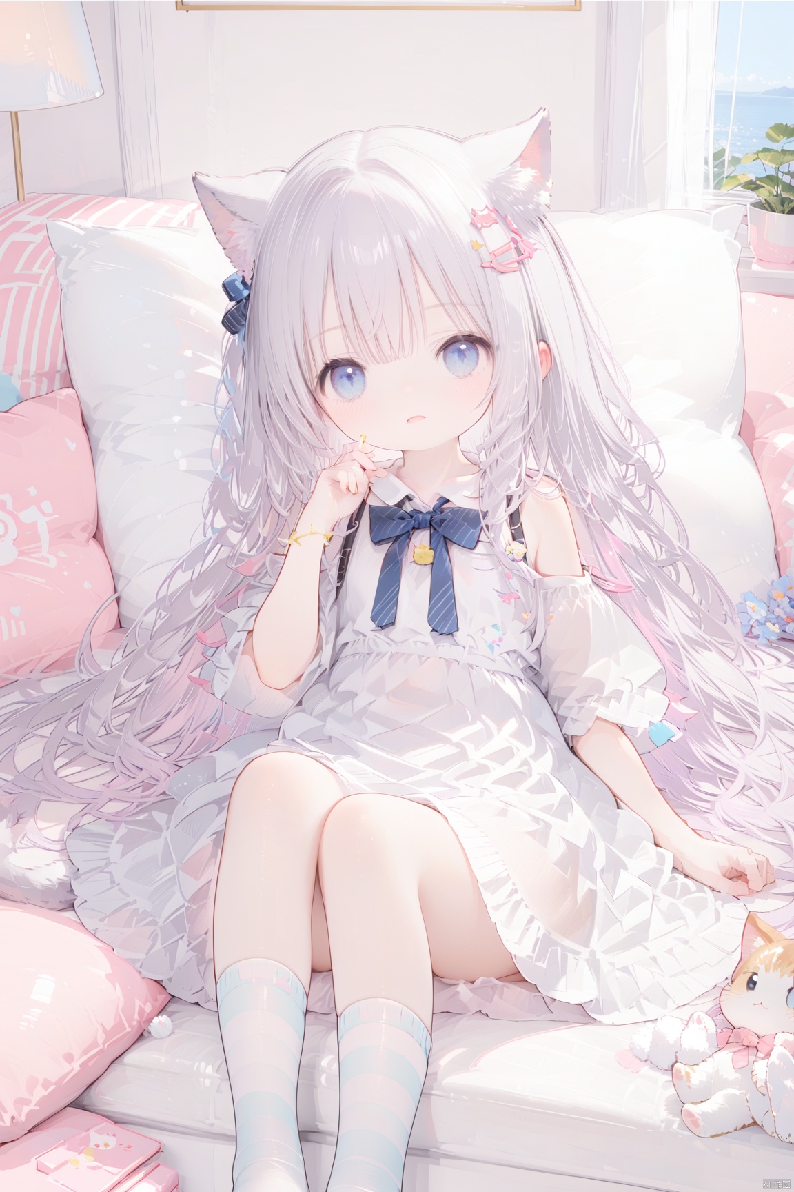  1girl, solo, long hair, looking at viewer, bangs, blue eyes, shirt, hair ornament, dress, animal ears, bare shoulders, tail, short sleeves, grey hair, lying, parted lips, socks, hairclip, striped, cat ears, off shoulder, :o, cat tail, no shoes, cat girl, couch, grey dress, striped socks,loli,