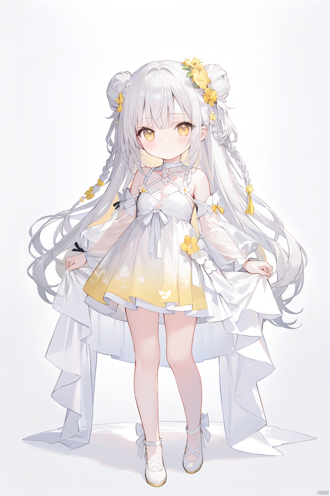 1girl, solo, long hair, looking at viewer, bangs, hair ornament, hollow out dress,  bare shoulders, very long hair, closed mouth, standing, full body, yellow eyes, braid, flower, white hair,no shoes,  choker, hair flower, grey background, white dress, see-through, gradient, gradient background,  white footwear, yellow flower, skirt hold, white choker,double_bun,
 long sleeves,   see-through skirt,see-through sleeves,cropped shoulders,revealing clothes,Light gauze wide sleeve skirt,detached sleeves,loli, cuteloliface,loli,caramelldansen