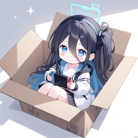 1girl, solo, long hair, blush, bangs, blue eyes, simple background, shirt, black hair, long sleeves, white background, holding, hair between eyes, sitting, very long hair, closed mouth, blue hair,jacket, white shirt, multicolored hair, hairband, open clothes, puffy sleeves, hood, black skirt,  two-tone hair, open jacket, sparkle, shadow, one side up, halo, blush stickers, white jacket, hood down, black hairband, box, hooded jacket, knees up, puffy long sleeves,  in container, handheld game console, cardboard box, in box, aris \(blue archive\), loli,chibi
