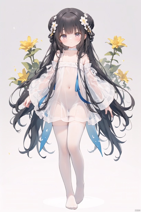 1girl, solo, long hair, looking at viewer, bangs, hair ornament, hollow out dress,  bare shoulders, very long hair, closed mouth, standing, full body, braid, flower, no shoes,  choker, hair flower, grey background, white dress, see-through, gradient, gradient background,   yellow flower, skirt hold, white choker,double_bun,Dancing,white pantyhose,long sleeves, see-through sleeves,cropped shoulders,revealing clothes,Light gauze wide sleeve skirt,detached sleeves,loli, cuteloliface,loli,dynamic pose, hanfu,,yatsen
