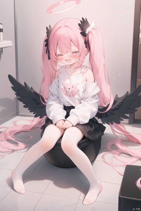 1girl, solo, long hair, blush, open mouth, bangs, shirt, hair ornament, long sleeves, twintails, sitting, closed eyes, pink hair, wings, tears, off shoulder, low twintails, halo, > <, ^^^, head wings, black wings, toilet, full body,no shoes,loli,