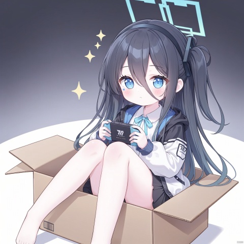 1girl, solo, long hair, blush, bangs, blue eyes, simple background, shirt, black hair, long sleeves, white background, holding, hair between eyes, sitting, very long hair, closed mouth, blue hair,chibi, jacket, white shirt, multicolored hair, hairband, open clothes, puffy sleeves, hood, black skirt,  two-tone hair, open jacket, sparkle, shadow, one side up, halo, blush stickers, white jacket, hood down, black hairband, box, hooded jacket, knees up, puffy long sleeves,  in container, handheld game console, cardboard box, in box, aris \(blue archive\), loli