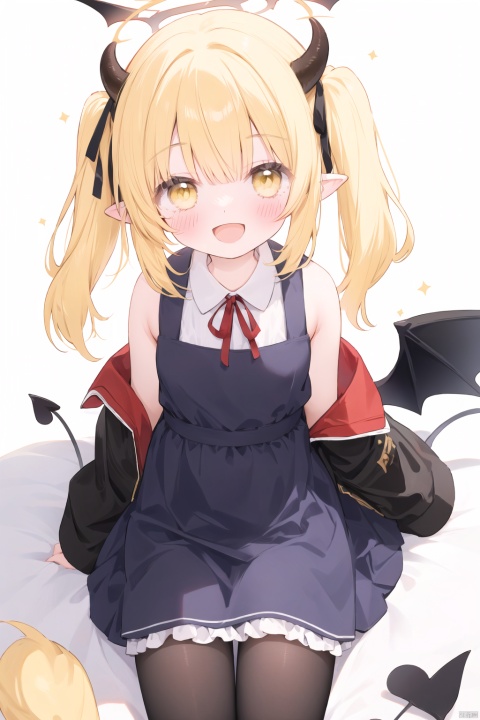 1girl, solo, long hair, looking at viewer, blush, smile, open mouth, bangs, blonde hair, simple background, white background, dress, ribbon, bare shoulders, collarbone, tail, hair ribbon, yellow eyes, :d, pantyhose, wings, horns, sleeveless, pointy ears, black dress, bare arms, black ribbon, leaning forward, sleeveless dress, one side up, halo, demon girl, demon horns, demon wings,ibukiBA, loli, fubukiBA