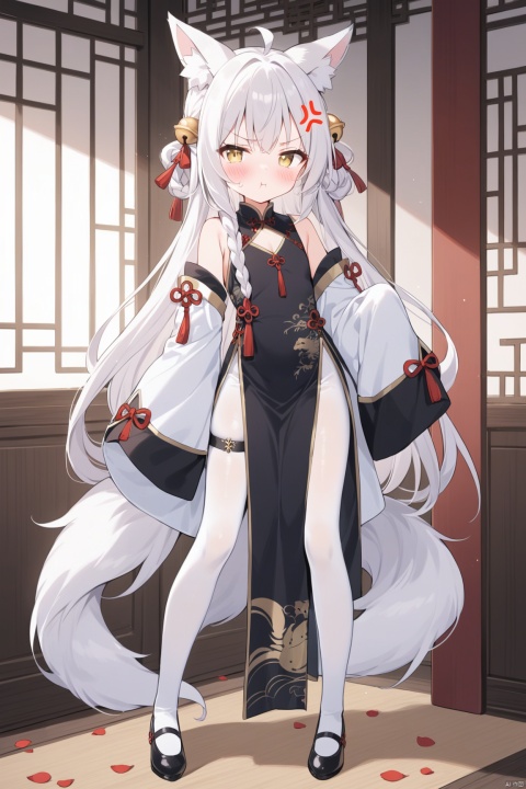 masterpiece,best quality,high quality, 1girl, solo, long hair,looking at viewer, blush, bangs, hair ornament, long sleeves, dress, animal ears, very long hair, closed mouth, standing, full body, yellow eyes,  white hair, pantyhose,  wide sleeves, bell, anger vein, jingle bell, angry, white pantyhose, hair bell, black dress, animal ear fluff, fox ears,  :t, pout, hair bell,very long hair, standing,  sleeves past wrists, petals, tassel, chinese clothes, short dress, china dress, thigh strap, braid, ribbon, bare shoulders, detached sleeves, red ribbon, pelvic curtain, loli