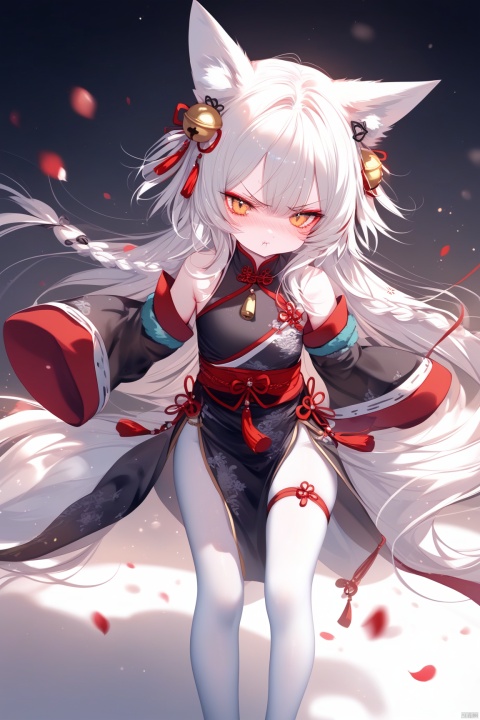 [iumu],[Sheya],[Artist chen bin], masterpiece,best quality,high quality, 1girl, solo, long hair,looking at viewer, blush, bangs, hair ornament, long sleeves, dress, animal ears, very long hair, closed mouth, standing, full body, yellow eyes,  white hair, pantyhose,  wide sleeves, bell, anger vein, jingle bell, angry, white pantyhose, hair bell, black dress, animal ear fluff, fox ears,  :t, pout, hair bell,very long hair, standing,  sleeves past wrists, petals, tassel, chinese clothes, short dress, china dress, thigh strap, braid, ribbon, bare shoulders, detached sleeves, red ribbon, pelvic curtain,loli