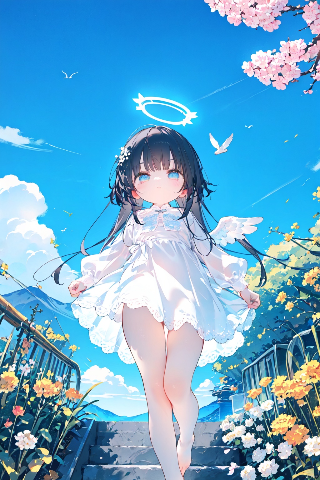 1girl, solo,angel, long hair, black hair, long sleeves, dress, standing, outdoors, sky, barefoot, day, white dress, blue sky, scenery, blue theme,White stairs, wide shot,floating White Thousand Paper Crane,detailed background,Many thousand paper cranes,Standing on the steps and looking up at the sky,Aestheticism Painting,intricate detail,Angel wings, halo,loli