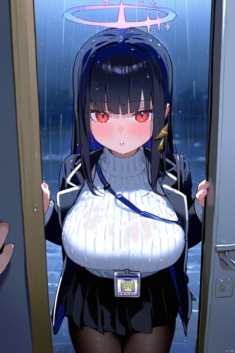 1girl,halo,long_hair,black_hair,breasts,wet,pantyhose,rain,skirt,red_eyes,large_breasts,wet_clothes,turtleneck_sweater,sweater,bangs,turtleneck,pov,black_skirt,solo_focus,pleated_skirt,jacket,hair_ornament,very_long_hair,long_sleeves,looking_at_viewer,id_card,white_sweater,pov_hands,black_pantyhose,blunt_bangs,black_jacket,parted_lips,night,1boy,blush,wet_hair,own_hands_together,outdoors,pov_doorway,miniskirt,black_suit,loli, rinBA