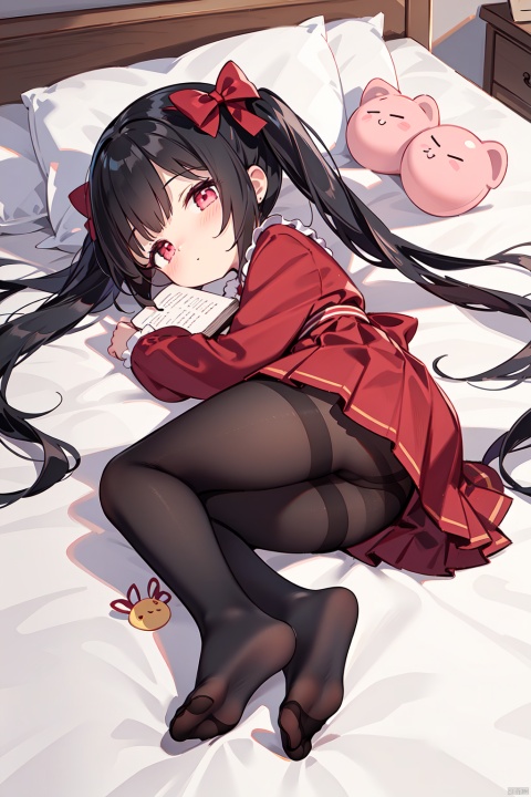 loli,, 1girl, pantyhose, long hair, no shoes, feet, lying, solo, black hair, looking at viewer, on side, ass, black pantyhose, pillow, book, legs, on bed, blush, bangs, red dress, dress, long sleeves, bow, pink eyes, closed mouth, bed, hair bow, twintails, loli