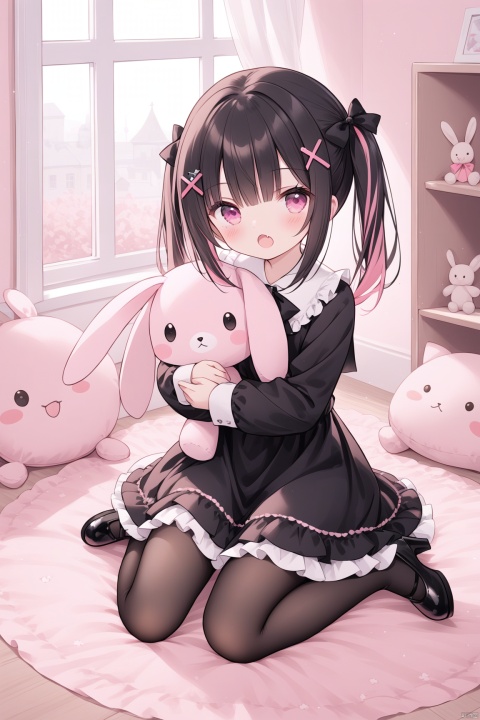 1girl, solo, long hair, looking at viewer, blush, open mouth, bangs, shirt, black hair, hair ornament, long sleeves, dress, bow, ribbon, twintails, sitting, full body, pink hair, hair bow, multicolored hair, frills, shoes, hairclip, fang, puffy sleeves, indoors, pink eyes, black footwear, black dress, high heels, two-tone hair, window, black bow, wariza, stuffed toy, frilled dress, stuffed animal, cross, x hair ornament, pink dress, object hug, stuffed bunny, holding stuffed toy,pantyhose,loli