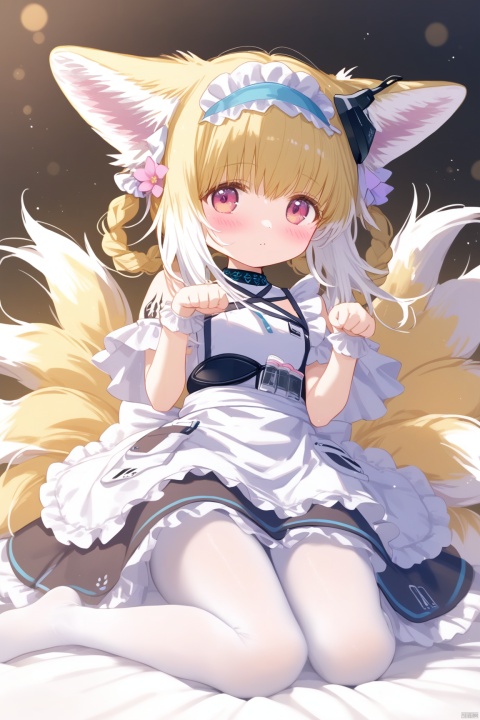 1girl, solo, long hair, blush, blonde hair, hair ornament, dress, ribbon, animal ears, sitting, tail, flower, pantyhose,no shoes, hair flower, pink eyes, apron, animal ear fluff, maid, maid headdress, fox ears, fox tail,maid apron, white pantyhose, paw pose,suzuran \(arknights\), Suzuran