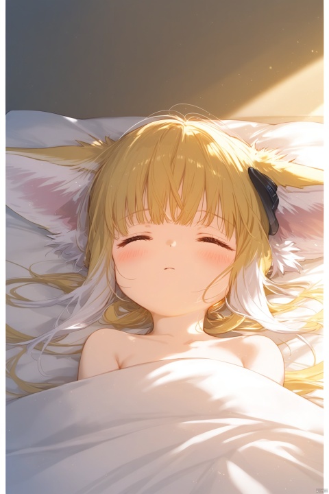  1girl, solo, long hair, blush, bangs, blonde hair, animal ears, closed eyes, lying, animal ear fluff, pillow, fox ears, border, sunlight, sleeping,portrait, facing viewer,suzuran \(arknights\)