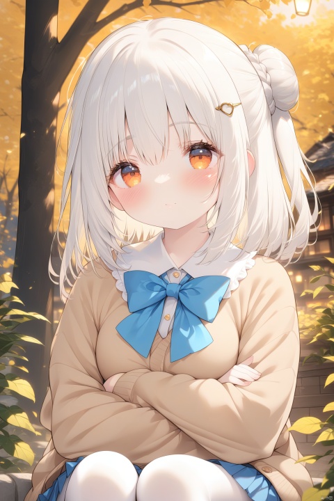  1girl,solo,loli,close-up face,white hair,orange eyes,thick eyelashes,tsurime,blush,fine fabric emphasis,white collar,brown cardigan ribbed sweater,blue pleated skirt,huge bow,large breasts,white pantyhose,Hairpin,filigree,french braid,one side up,crossed arms, crossed legs,expressive hair,outdoor,depth of field,cinematic lighting,golden Theme,face focus, best quality, amazing quality, very aesthetic, absurdres,
