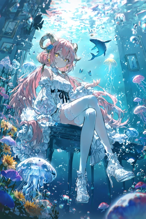 masterpiece,best quality,high quality,chromatic_aberration,artist:konya_karasue,//,(artist:quasarcake:0.6),extreme aesthetic,masterpiece,best quality,backlight,high quality,(Tyndall Effect 1.4),extremely detailed,High Detail,vibrant colors,anime style,cover art,(wanke:0.8),(watercolor \(tira 7:0.8),(lam (ramdayo):0.8),(mochizuki kei:0.8),extreme aesthetic,masterpiece,best quality,good quality,newest,very aesthetic,absurdres,Visual impact,32K UHD,colorful,sharp focus ,//crossed legs, 1girl, solo, long hair, breasts, looking at viewer, bangs, yellow eyes, pink hair, hair ornament, thighhighs, long sleeves, dress, hair between eyes, twintails, jewelry, medium breasts, sitting, very long hair, closed mouth, full body, flower, pantyhose, earrings, frills, detached sleeves, puffy sleeves, hair flower, white dress, high heels, white thighhighs, low twintails, white footwear, frilled dress, bug, butterfly, white pantyhose, sunflower, blue butterfly, painting \(object\),animal, cat, scenery, fish, blue theme, wide shot, surreal, whale,Underwater, jellyfish,White lace vertical stripes thighhighs,curled horns,symbol-shaped_pupils,braid,+_+,pointy ears, The image depicts a young girl sitting on a large ornate golden frame, surrounded by vibrant yellow sunflowers. The girl is dressed in a white, frilly dress with lace details and white high-heeled shoes. Her long dark hair is styled with a black ribbon. The background features a fantastical scene with floating mushrooms and flying creatures, creating a surreal atmosphere. The frame is intricately designed, and the sunflowers are spread around the base of the frame, adding to the whimsical setting.