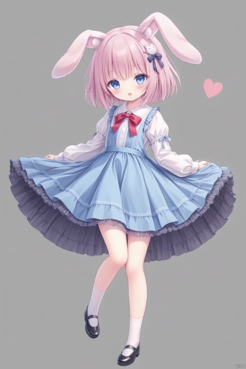 1girl, solo, looking at viewer, blush, short hair, bangs, blue eyes, skirt, simple background, shirt, hair ornament, long sleeves, dress, bow, animal ears, standing, full body, white shirt, pink hair, heart, shoes, socks, puffy sleeves, bowtie, grey background, black footwear, rabbit ears, red bow, blue dress, standing on one leg, white socks, mary janes, puffy long sleeves, skirt hold, heart hair ornament, pinafore dress