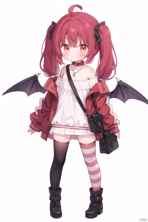 1girl, solo, looking at viewer, bangs, simple background, red eyes, thighhighs, long sleeves, white background, hair between eyes, bare shoulders, twintails, jewelry, standing, jacket, full body, ahoge, grey hair, red hair, multicolored hair, boots, wings, striped, virtual youtuber, necklace, off shoulder, bag, black footwear, collar, sleeves past wrists, blood, striped thighhighs, sleeves past fingers, demon wings, shoulder bag, red collar, red wings, off-shoulder jacket, makaino ririmu,loli, , loli, caiyuan