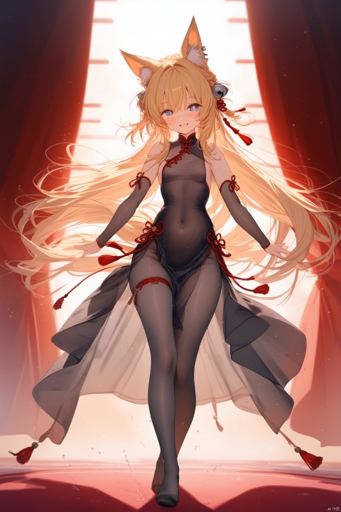 1girl, solo, long hair, breasts, looking at viewer, blush, smile, bangs, blue eyes, blonde hair, hair ornament, long sleeves, dress, animal ears, very long hair, standing, full body, braid, small breasts, black dress, animal ear fluff, sleeves past wrists, （symbol-shaped pupils,heart-shaped pupils , heart, ）, fox ears, bell, chinese clothes, heart-shaped pupils, short dress, tassel, jingle bell, french braid, hair bell, china dress, thigh strap, braid, ribbon, bare shoulders, detached sleeves, red ribbon, pelvic curtain,no shoes,black pantyhose,（see-through,see-through dress）,(covered Navel), ( wet dress:1.21),chiffon, sheer tulle,walk,dynamic pose,masterpiece,best quality,high quality