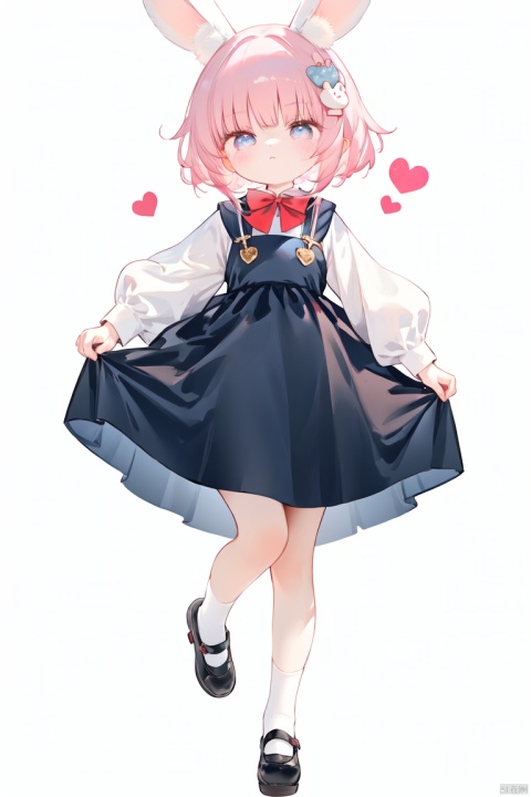  1girl, solo, looking at viewer, blush, short hair, bangs, blue eyes, skirt, simple background, shirt, hair ornament, long sleeves, dress, bow, animal ears, standing, full body, white shirt, pink hair, heart, shoes, socks, puffy sleeves, bowtie, grey background, black footwear, rabbit ears, red bow, blue dress, standing on one leg, white socks, mary janes, puffy long sleeves, skirt hold, heart hair ornament, pinafore dress,loli, caiyuan