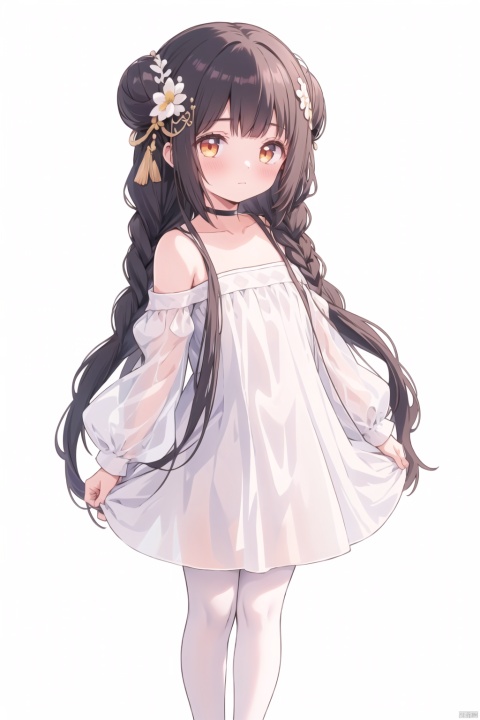1girl, solo, long hair, looking at viewer, bangs, hair ornament, hollow out dress,  bare shoulders, very long hair, closed mouth, standing, full body, braid, flower, no shoes,  choker, hair flower, grey background, white dress, see-through, gradient, gradient background,   yellow flower, skirt hold, white choker,double_bun,Dancing,white pantyhose,long sleeves, see-through sleeves,cropped shoulders,revealing clothes,Light gauze wide sleeve skirt,detached sleeves,loli, cuteloliface,loli,dynamic pose,  caiyuan,yatsen