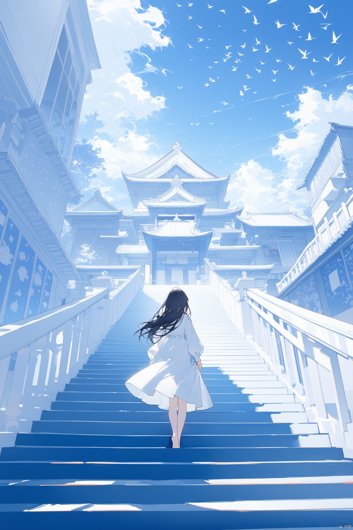 1girl, solo,angel, long hair, black hair, long sleeves, dress, standing, outdoors, sky, barefoot, day, white dress, blue sky, scenery, blue theme,White  stairs, wide shot,floating White Thousand Paper Crane,detailed background,Many thousand paper cranes,Standing on the steps and looking up at the sky,Aestheticism Painting,intricate detail,infant,
