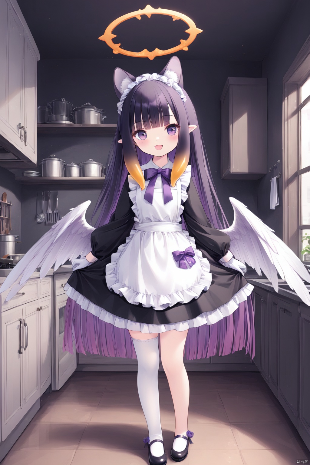 1girl, solo, long hair, looking at viewer, blush, smile, open mouth, bangs, black hair, gloves, long sleeves, dress, bow, animal ears, standing, purple eyes, purple hair, flower, sidelocks, multicolored hair, alternate costume, pointy ears, indoors, virtual youtuber, white gloves, blunt bangs, bowtie, orange hair, mole, apron, black dress, mole under eye, gradient hair, tentacle hair, kitchen, ninomae ina'nis,low wings, halo, single thighhigh, inapriestess,full body, loli