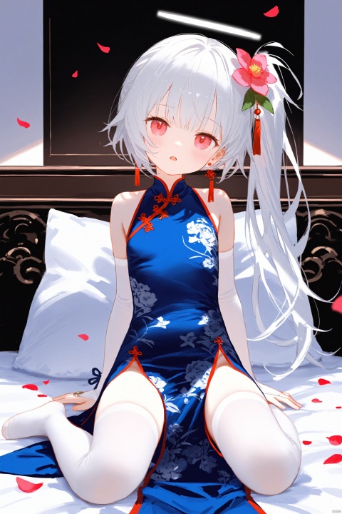  grossissementdedeuxcentsoixantepourcent_portrait, [Artist: Sho_(sho_LWLW)], 1girl, solo, loli,long hair, breasts, looking at viewer, blush, open mouth, bangs, hair ornament, red eyes, thighhighs, dress, bare shoulders, jewelry, sitting, full body, flower, white hair, earrings, small breasts, parted lips, detached sleeves, sleeveless, indoors, hair flower, pink eyes, side ponytail, white thighhighs, head tilt, pillow, petals, bed, sleeveless dress, blue dress, halo, no shoes, chinese clothes, floral print, china dress, bridal gauntlets, pelvic curtain, pink flower, 