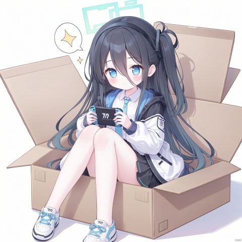 1girl, solo, long hair, blush, bangs, blue eyes, simple background, shirt, black hair, long sleeves, white background, holding, hair between eyes, sitting, very long hair, closed mouth, blue hair, jacket, white shirt, multicolored hair, hairband, open clothes, puffy sleeves, hood, black skirt,  two-tone hair, open jacket, sparkle, shadow, one side up, halo, blush stickers, white jacket, hood down, black hairband, box, hooded jacket, knees up, puffy long sleeves,  in container, handheld game console, cardboard box, in box, aris \(blue archive\), loli