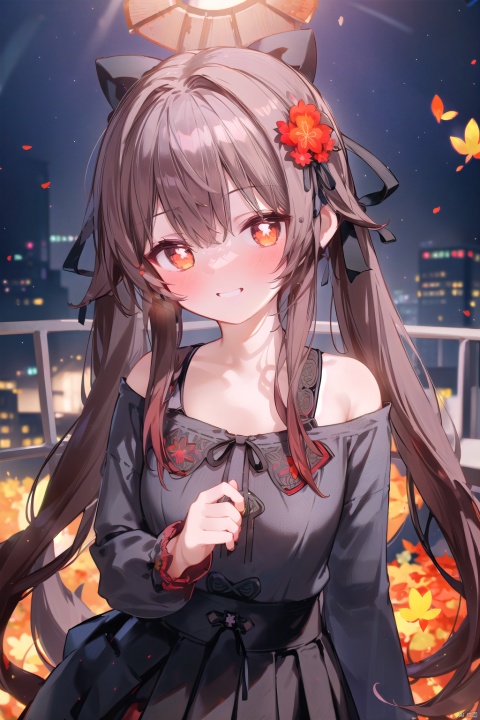  best quality, (chromatic aberration), (beautiful young female:1.4), (ultra-detailed:1.1), (illustration:1.1), perfectly drawn hands, twintails, long hair, solo, brown hair, red eyes, very long hair, flower,(beautiful_face), ((intricate_detail)), (revealing clothes:1.2), clear face,((finely detailed)), fine fabric emphasis,
solo, holding leaf, ginkgo leaf, skirt, looking at viewer, holding, ribbon, hair ribbon, long sleeves, shirt, blurry, leaf, bangs, off shoulder, brown skirt, black ribbon, brown hair, blush, depth of field, white shirt, hand up, autumn leaves, black shirt, (1girl, loli, evil smile, blush),