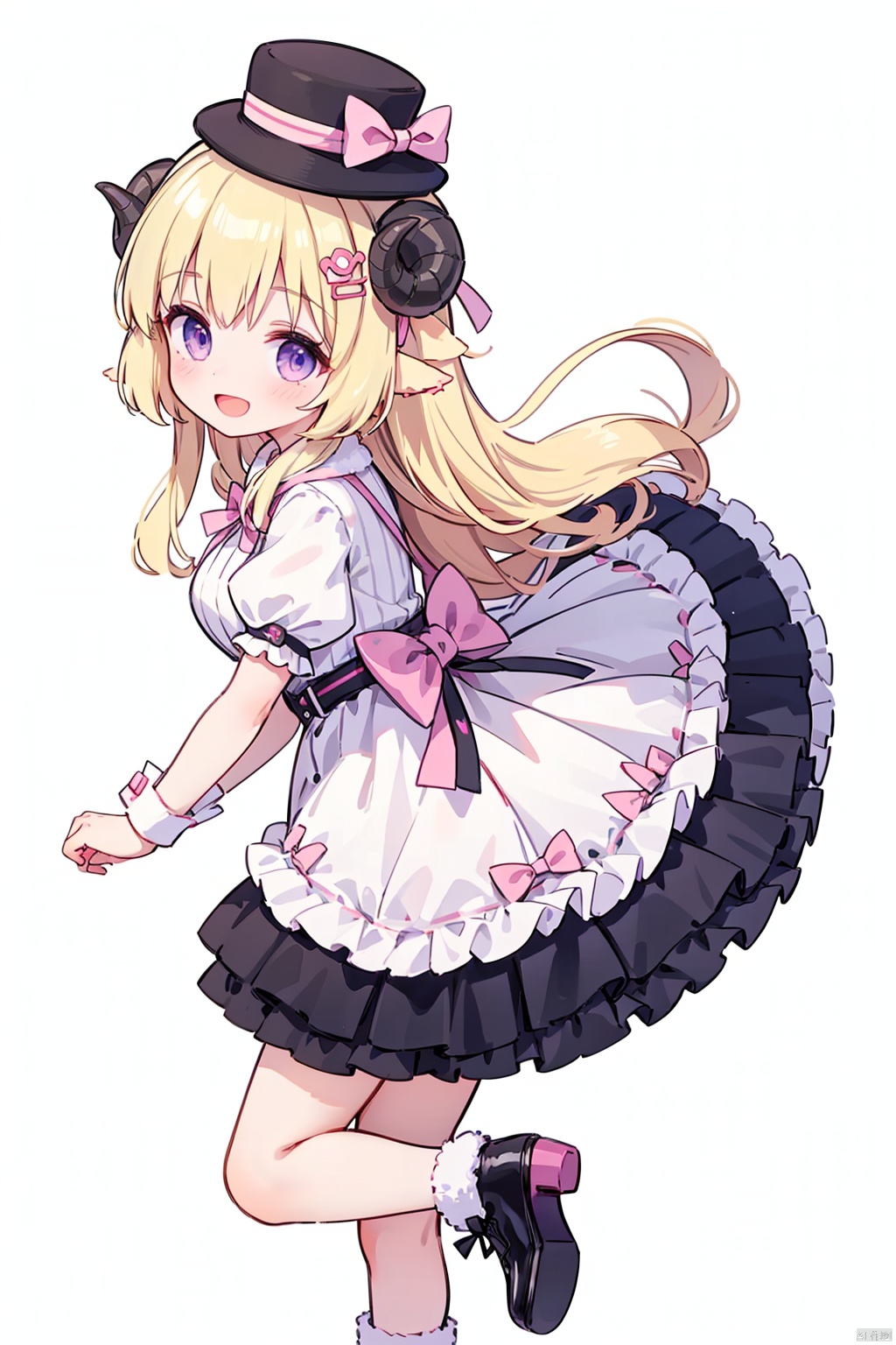  1girl, solo, long hair, breasts, looking at viewer, blush, smile, open mouth, bangs, skirt, blonde hair, simple background, hair ornament, hat, white background, dress, bow, ribbon, animal ears, medium breasts, standing, purple eyes, full body, ahoge, short sleeves, :d, boots, frills, horns, striped, puffy sleeves, looking back, virtual youtuber, miniskirt, high heels, from side, official alternate costume, puffy short sleeves, wrist cuffs, white headwear, blue bow, standing on one leg, white skirt, blue footwear, mini hat, ankle boots, back bow, tilted headwear, mini top hat, sheep horns, sheep ears, sheep girl, tsunomaki watame, Tsunomaki Watame, tsunomaki_watame, loli, ray tracing