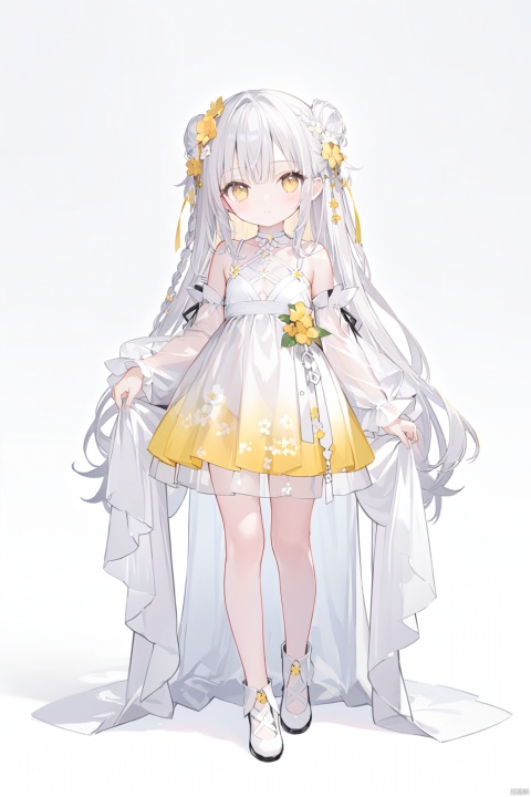 1girl, solo, long hair, looking at viewer, bangs, hair ornament, hollow out dress,  bare shoulders, very long hair, closed mouth, standing, full body, yellow eyes, braid, flower, white hair,no shoes,  choker, hair flower, grey background, white dress, see-through, gradient, gradient background,  white footwear, yellow flower, skirt hold, white choker,double_bun,
 long sleeves,   see-through skirt,see-through sleeves,cropped shoulders,revealing clothes,Light gauze wide sleeve skirt,detached sleeves,loli,