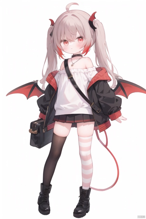 1girl, solo, looking at viewer, bangs, simple background, red eyes, thighhighs, long sleeves, white background, hair between eyes, bare shoulders, twintails, jewelry, standing, jacket, full body, ahoge, grey hair, red hair, multicolored hair, boots, wings, striped, virtual youtuber, necklace, off shoulder, bag, black footwear, collar, sleeves past wrists, blood, striped thighhighs, sleeves past fingers, demon wings, shoulder bag, red collar, red wings, off-shoulder jacket, makaino ririmu,loli,