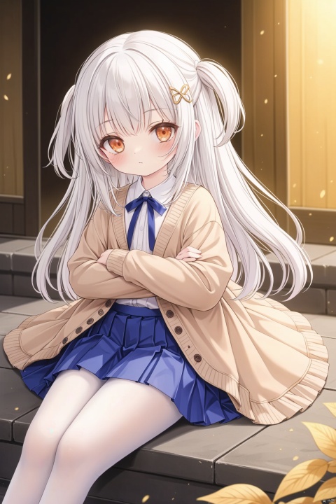  1girl,solo,loli,close-up face,white hair,orange eyes,thick eyelashes,tsurime,blush,fine fabric emphasis,white collar,brown cardigan ribbed sweater,blue pleated skirt,huge bow,white pantyhose,Hairpin,filigree,french braid,one side up,crossed arms, crossed legs,expressive hair,outdoor,depth of field,cinematic lighting,golden Theme,face focus, best quality, amazing quality, very aesthetic, absurdres,
