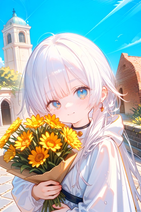 sunlight tone,clear sky,1woman,woman focus,close-up,side face,white cloth,hooded,Dutch angle,looking at viewer,holding bouquet,side face,girl focus,from above,standing,Head Tilt,wind,sad smile,tears,floating tears,sunlight,wind,Building ruins,Reinforcement, crushed stone,brick and tile,Beautiful scenery, cuteloli, loli, ((Eyes slightly open, RAW file format, master-level illustration work, 32k ultra-high-definition wallpaper, best CG. Gorgeous Sense. Dynamic sense. Vivid sense)), fll