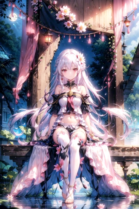 1girl, solo, long hair, looking at viewer, smile, bangs, red eyes, dress, bare shoulders, jewelry, sitting, very long hair, closed mouth,full body, flower, earrings, outdoors, sky,  water, off shoulder, hair bun, white dress, bracelet, feet, tree, petals, night, bird, moon,  night sky, full moon, pink flower, anklet, branch, absurdly long hair, soaking feet, lotus,thighhighs, navel, flower, white hair, wings, hair flower, feet, white thighhighs, wet, see-through, toes,  no shoes, leg up, from below, wet clothes,
