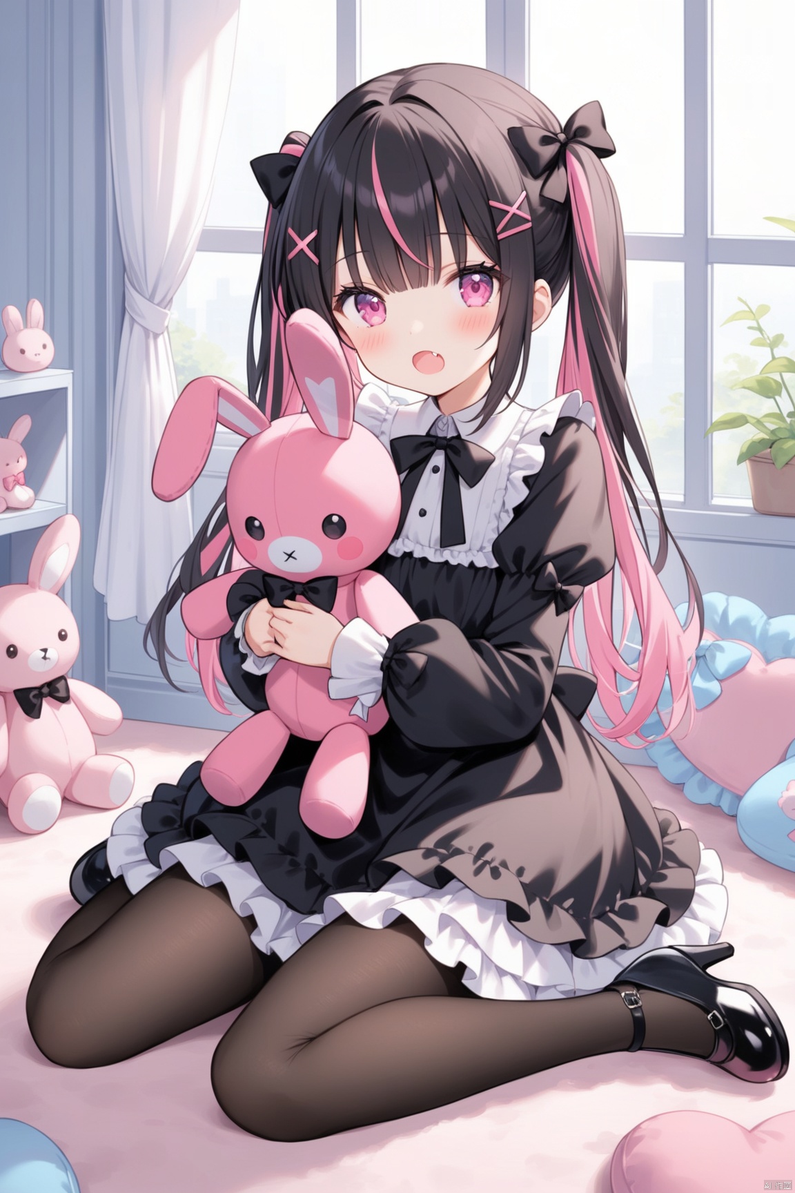 1girl, solo, long hair, looking at viewer, blush, open mouth, bangs, shirt, black hair, hair ornament, long sleeves, dress, bow, ribbon, twintails, sitting, full body, pink hair, hair bow, multicolored hair, frills, shoes, hairclip, fang, puffy sleeves, indoors, pink eyes, black footwear, black dress, high heels, two-tone hair, window, black bow, wariza, stuffed toy, frilled dress, stuffed animal, cross, x hair ornament, pink dress, object hug, stuffed bunny, holding stuffed toy,pantyhose,loli