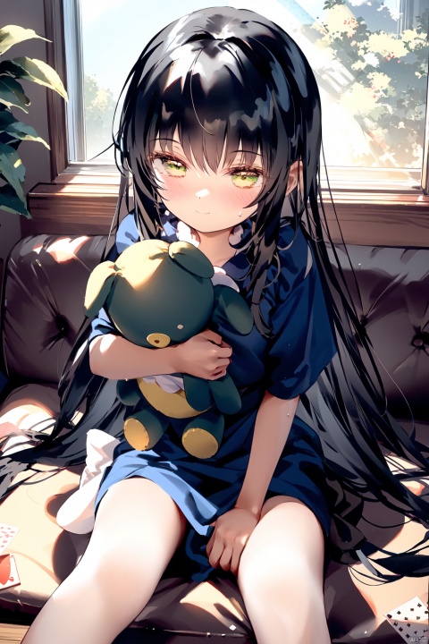  1girl, solo, long hair, looking at viewer, blush, smile, bangs, black hair, dress, bow, sitting, closed mouth, green eyes, weapon, short sleeves, hairband, frills, striped, apron, wrist cuffs, feet out of frame, blue dress, stuffed toy, frilled dress, stuffed animal, white apron, between legs, hand between legs, card, checkered floor, playing card, alice \(alice in wonderland\),loli